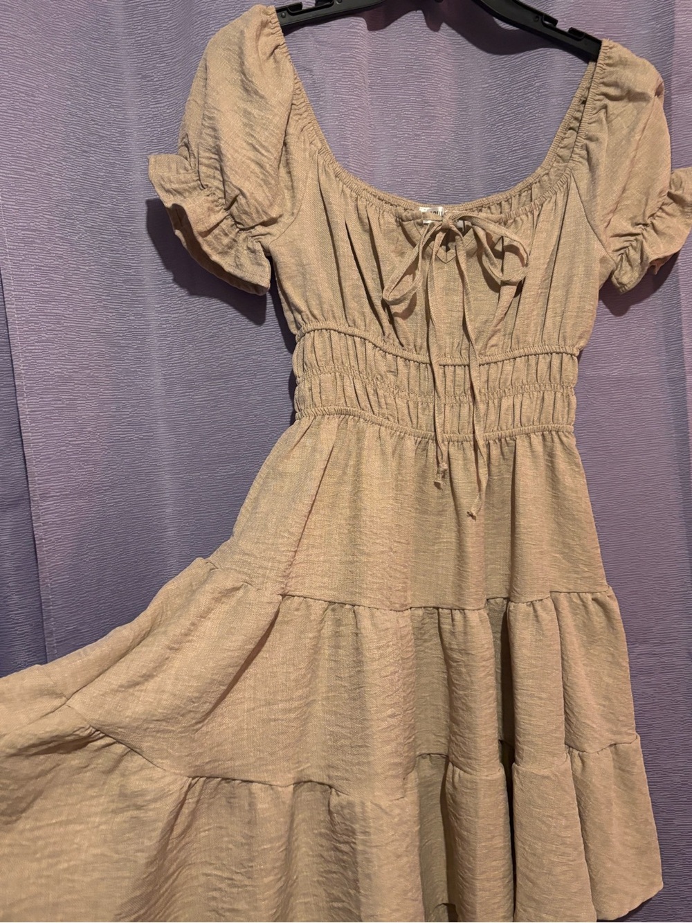 Smocked Tiered Midi Dress in Beige